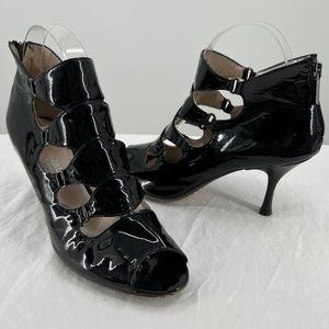 AQUATALIA SZ 7.5 Kayla Caged Open Toe Heeled Booties Black Patent Cutout Details